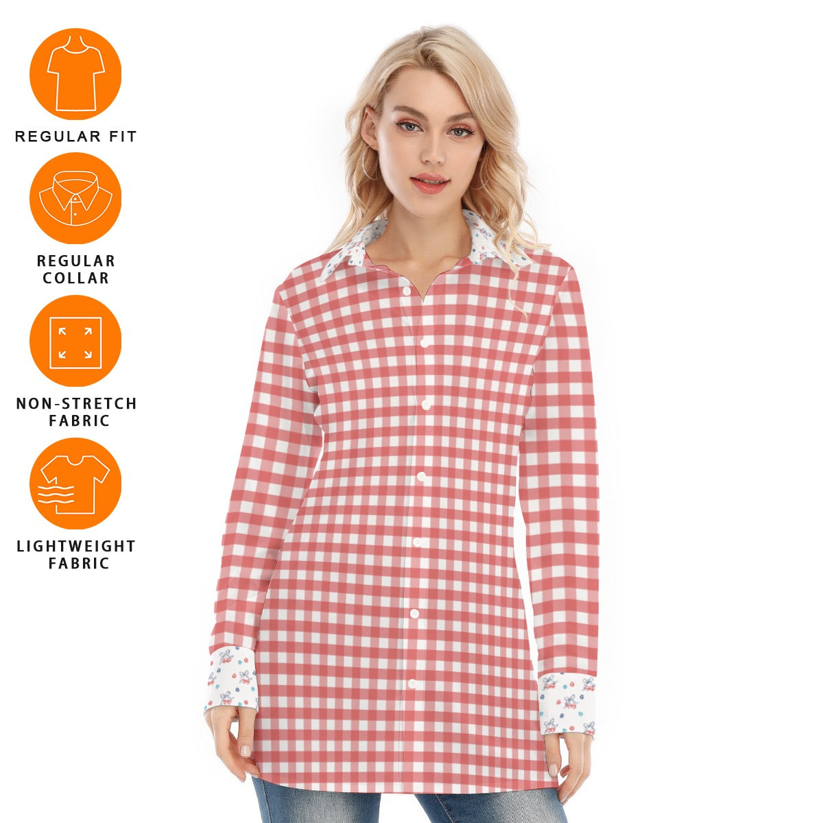 Red & White Gingham with Floral & Cherry Details Women’s Exclusive Design Long Button Up Shirt