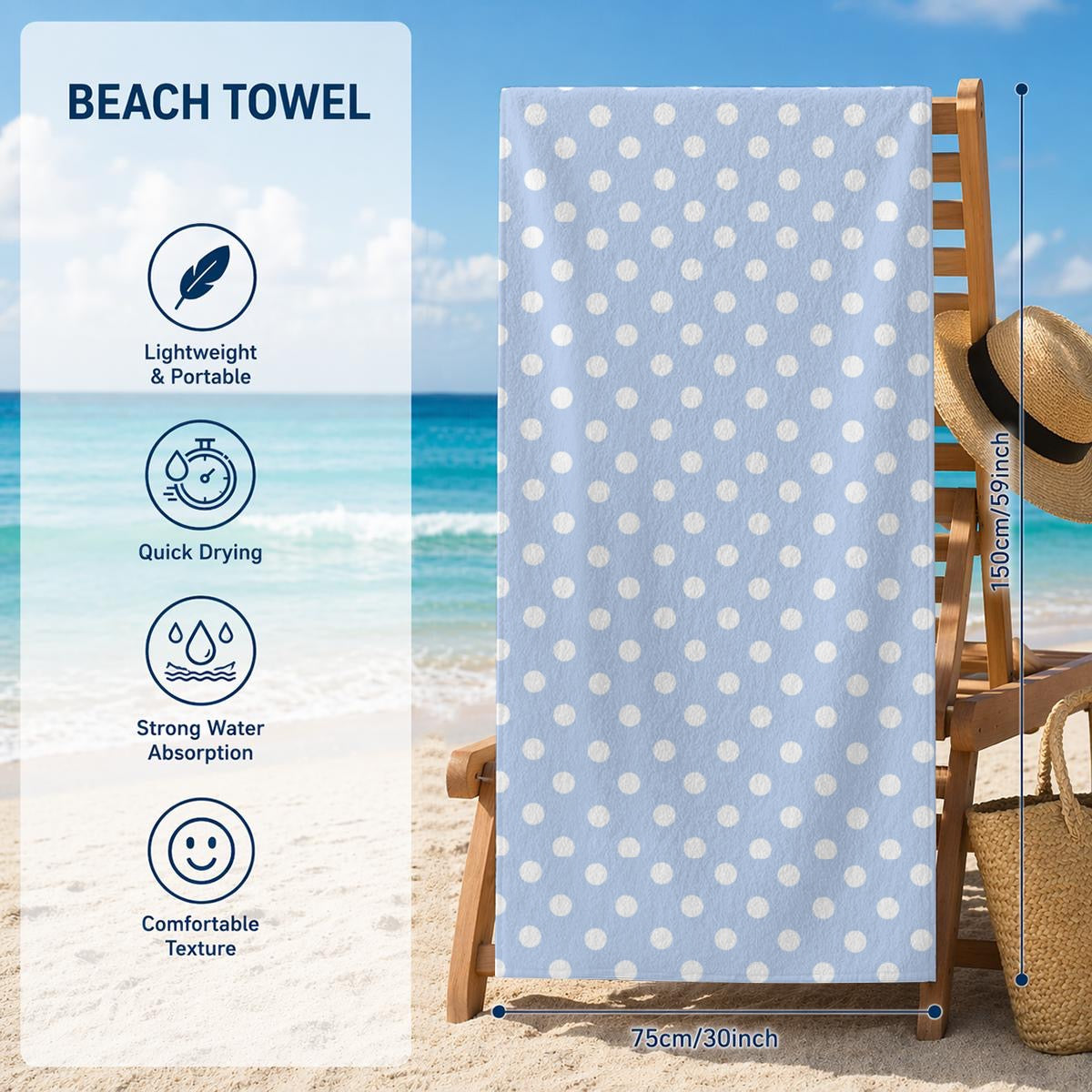 Blue & White Polka Dot Beach Towel 29.5” x 59.1”