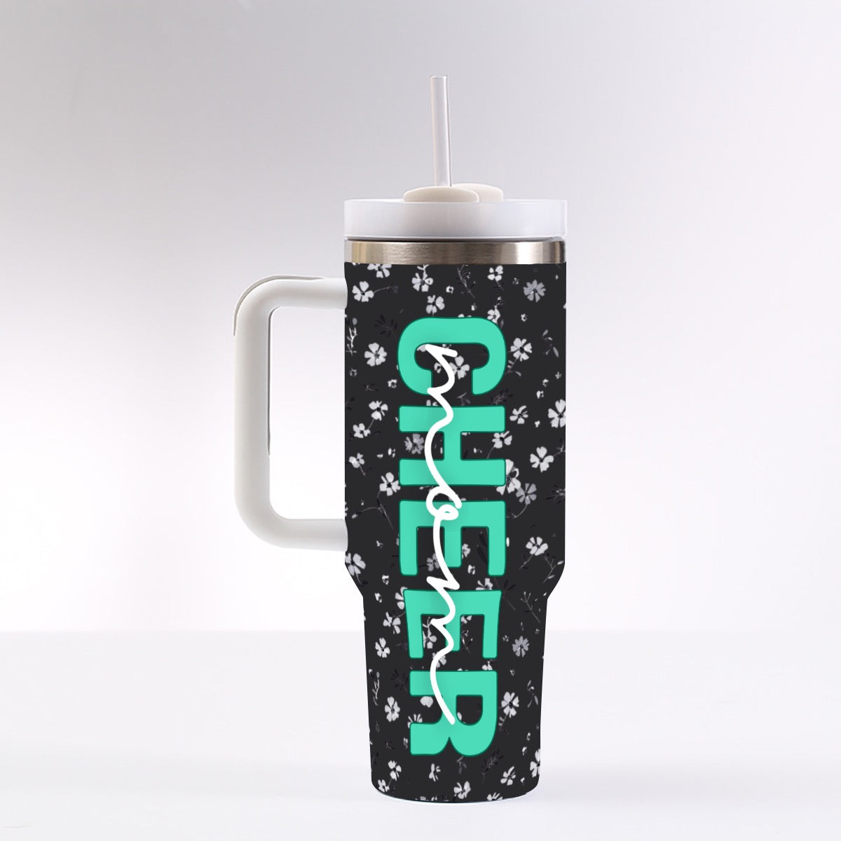 Cheer Mom Black & White Floral 40 oz Tumbler with Turquoise Print