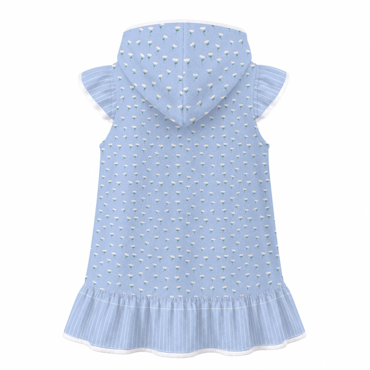 blue ruffled patchwork swim coverup with hood for girls coordinating bathing suit available