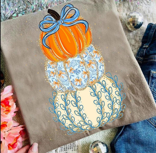 Turquoise floral pumpkin stack tee or sweatshirt