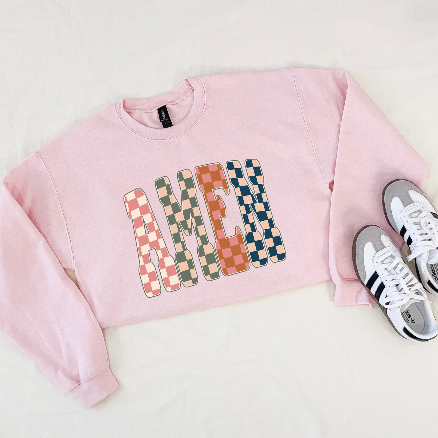 AMEN Pink Checkered Faith Sweatshirt | Gildan