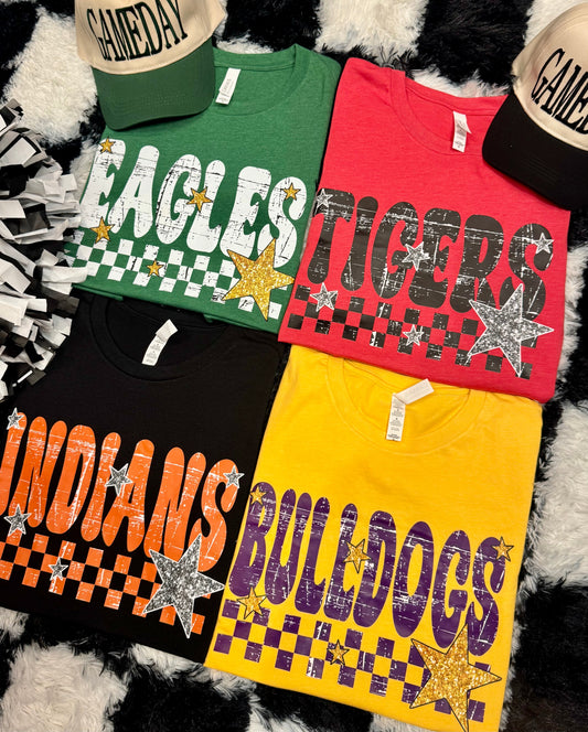 Checkered Faux Glitter Stars School Spirit Custom Tee