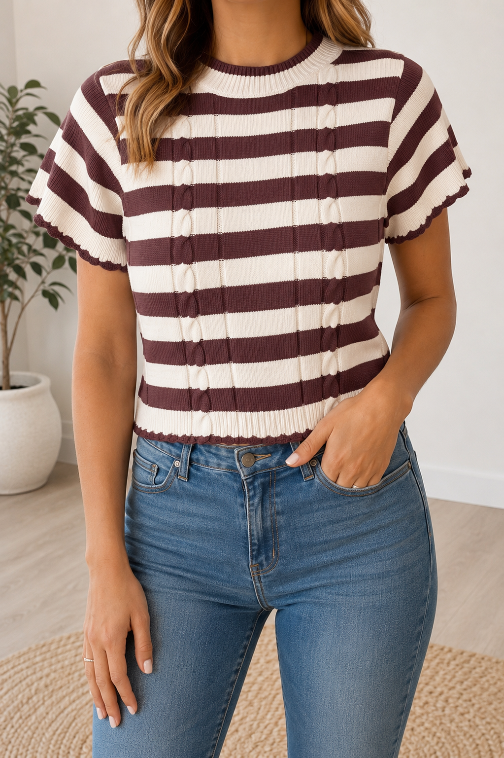Brown Stripe Ribbed Knit Sweater