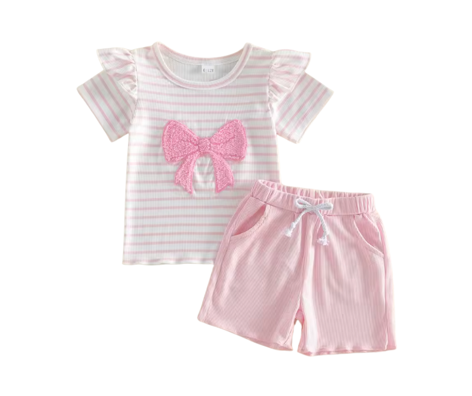 White Pink Striped French Knot Bow Short Set