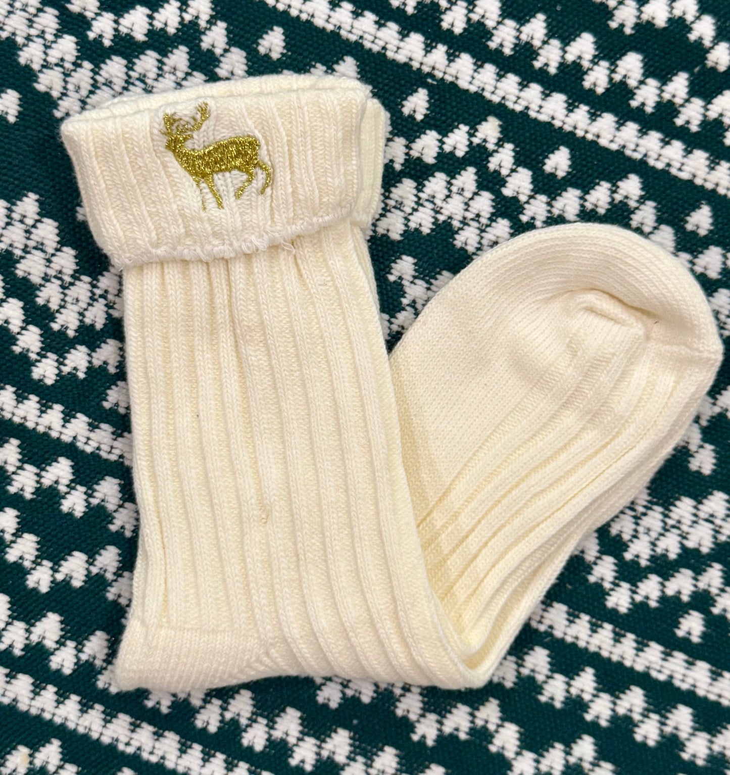 RTS Ivory Reindeer Embroidered Socks