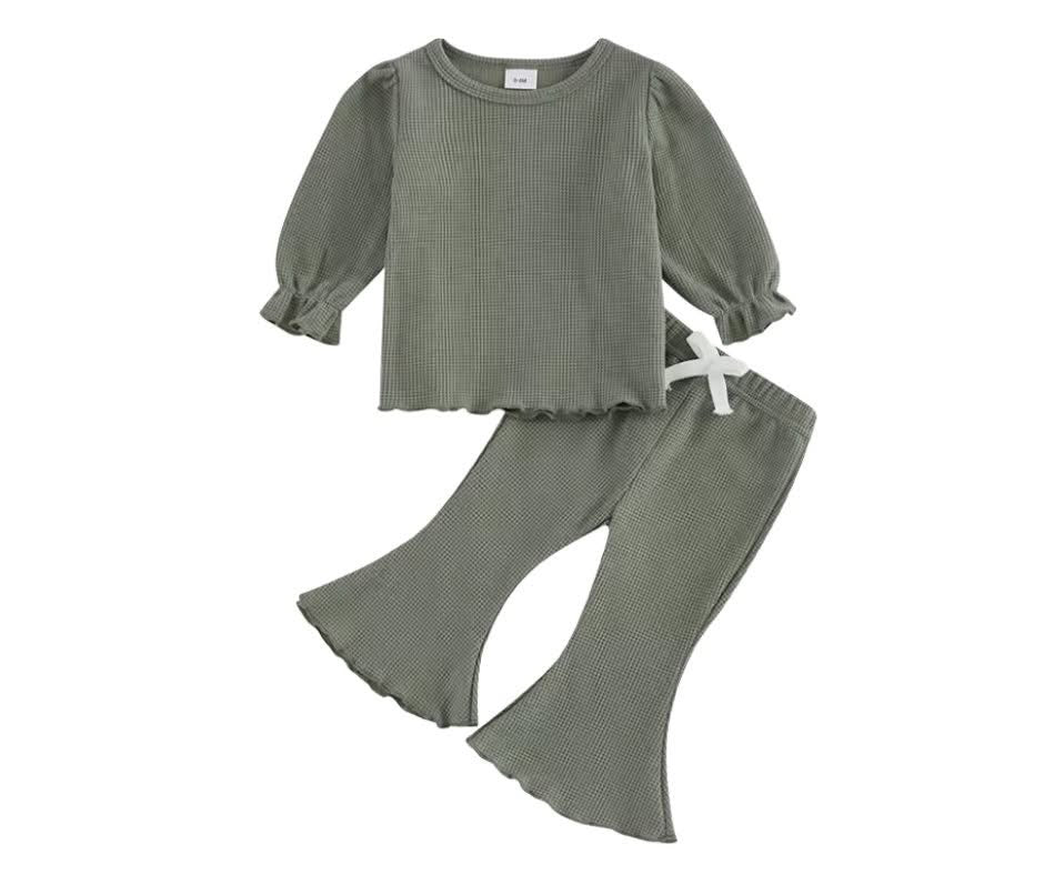 Sage Waffle Knit Bubble Sleeve Flare Pants Set