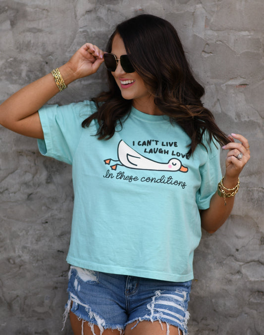 I CAN'T LIVE LAUGH WORK IN THESE CONDITIONS CROP/TEE