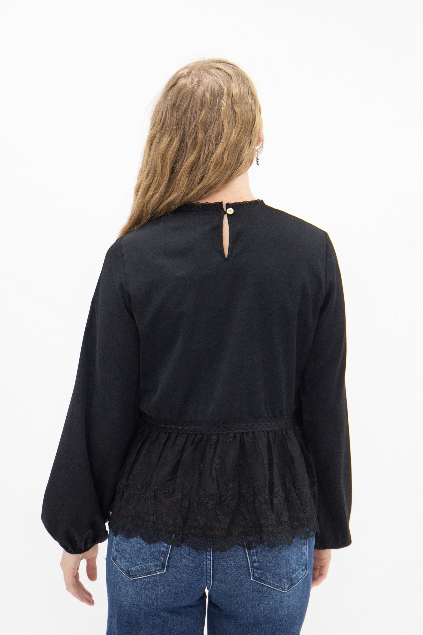 High Neck Blouse with Lace Peplum, Black