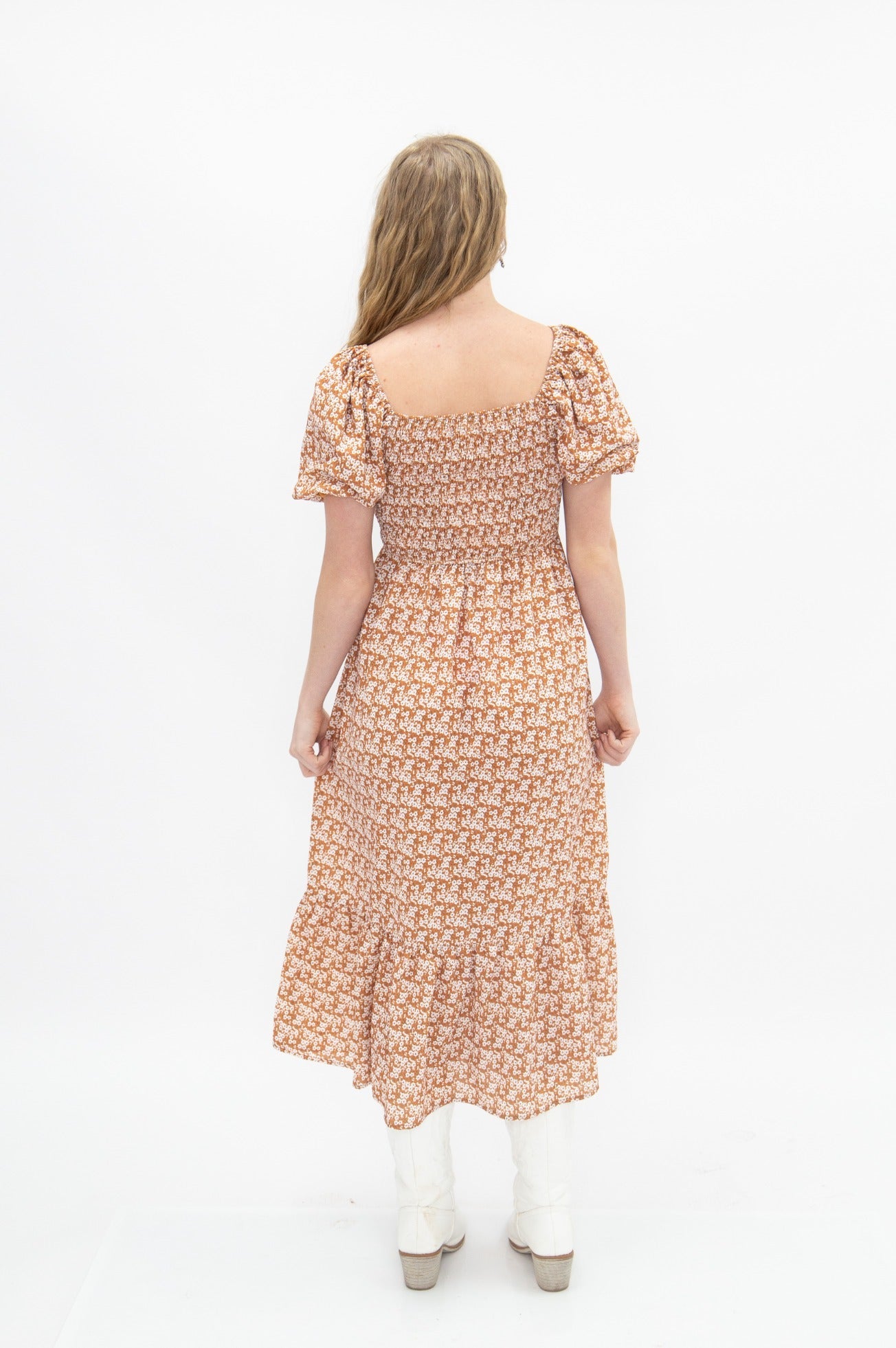 Puff Sleeve Midi Dress, Rust Floral