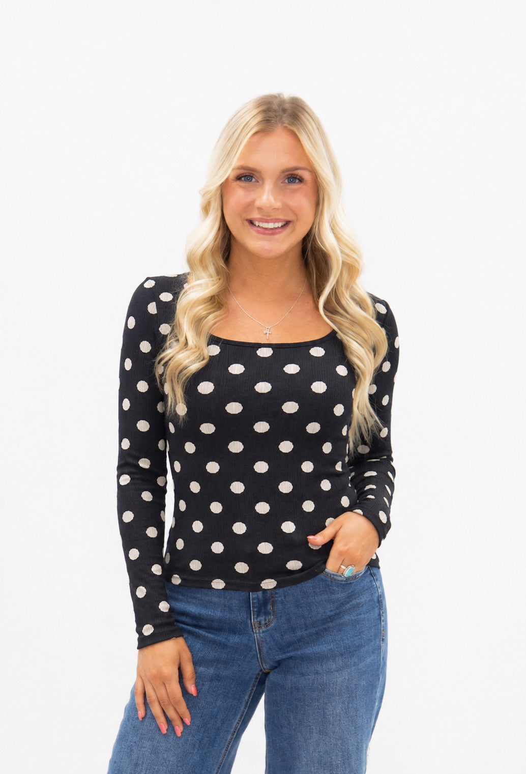 Square Neck Long Sleeve, Polka Dot