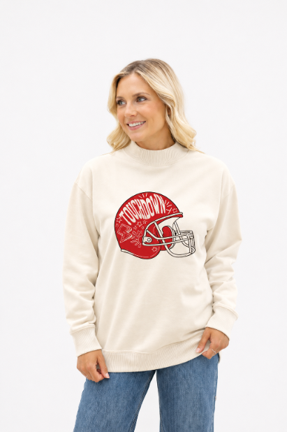 TOUCHDOWN on Mock Neck Sweatshirt, Ivory