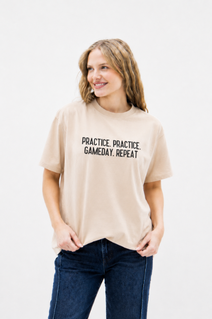 Practice. Practice. Game Day. Repeat on Beige Boxy Tee Blank