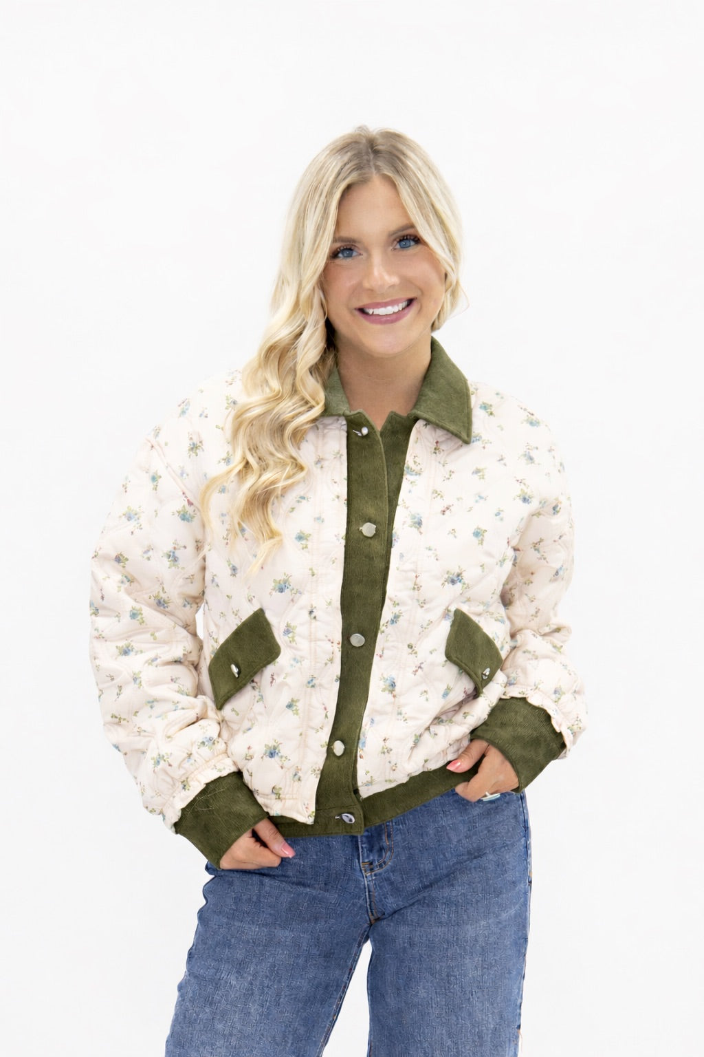 Floral Puff Jacket with Denim Lining