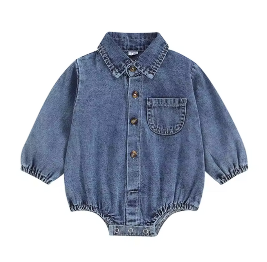 Blue Denim Collared Romper rts