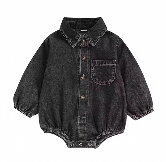 Black Denim Collared Romper RTS