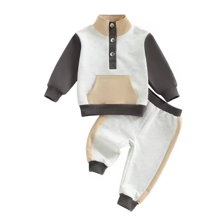Charcoal and Tan Colorblock Button Lounge Set