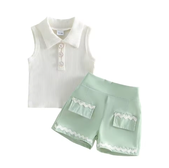 Collared Tank Green Short Set