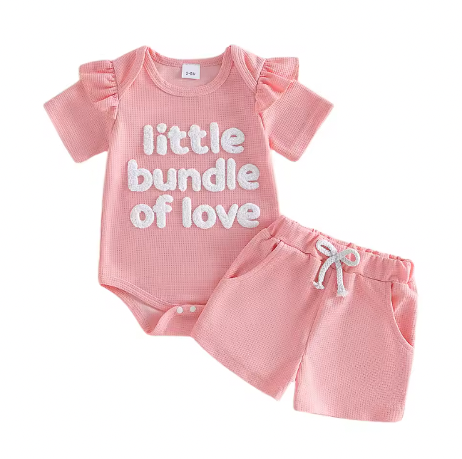 Pink Waffle Knit Little Bundle of Love French Knot Short Set