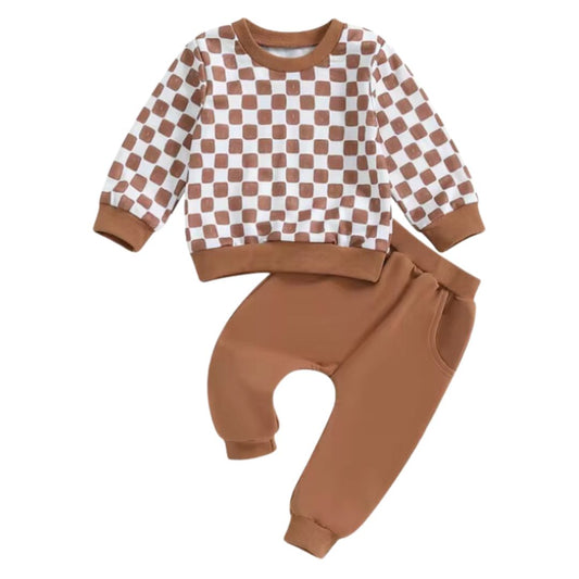 Brown Chex Crewneck Lounge Set RTS
