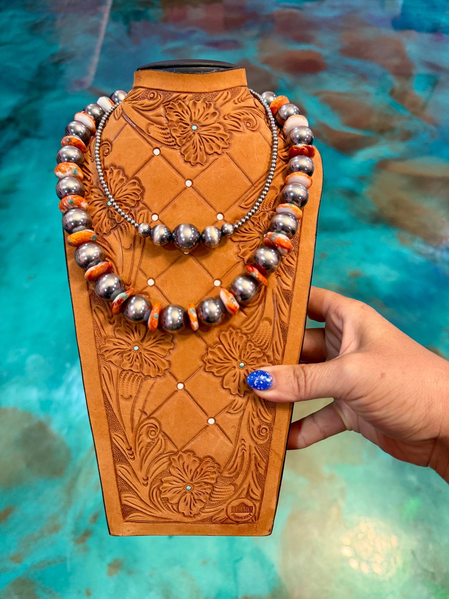 Jaci Orange Spiny Oyster, Turquoise Inlay & Sterling Silver Pearl Necklace — Pick Your Favorite