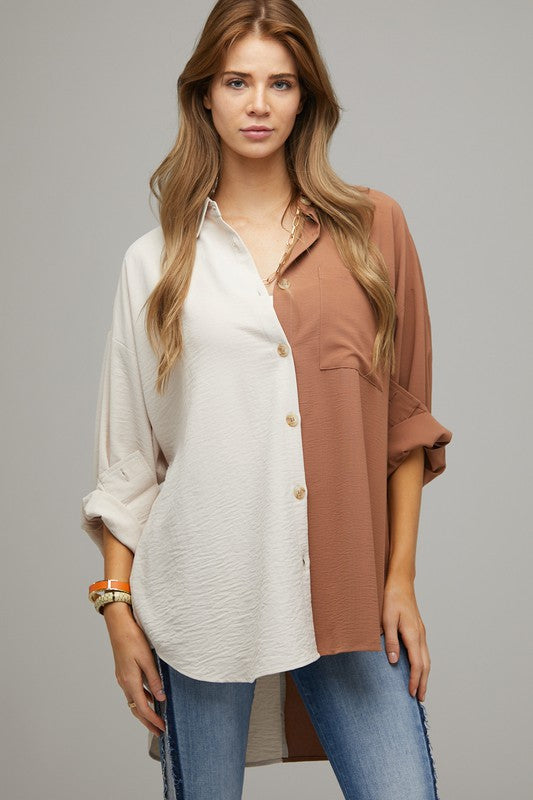 Color Block Button Down Shirt