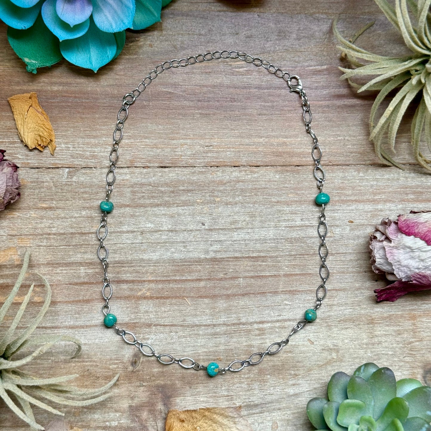 Turquoise Chain Necklace – 14" – Silver Plated