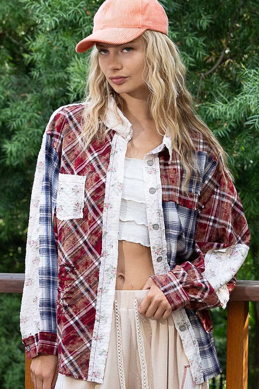 POL Patchwork Plaid Button Up Shirt