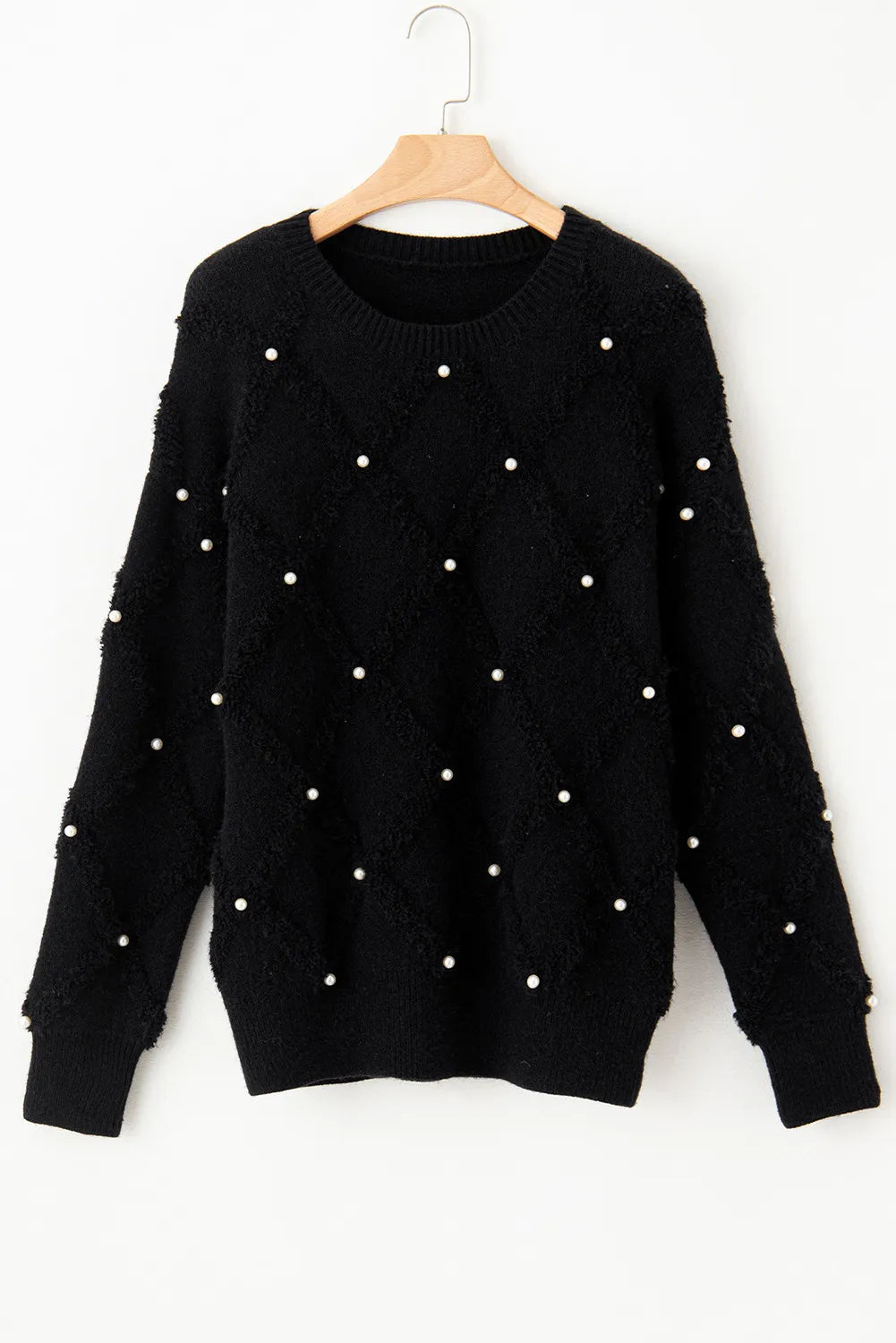 Pearl Detail Round Neck Long Sleeve Sweater