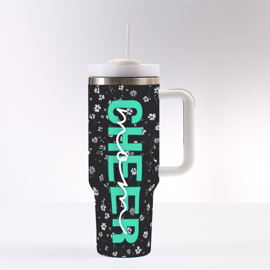 Cheer Mom Black &amp; White Floral 40 oz Tumbler with Turquoise Print