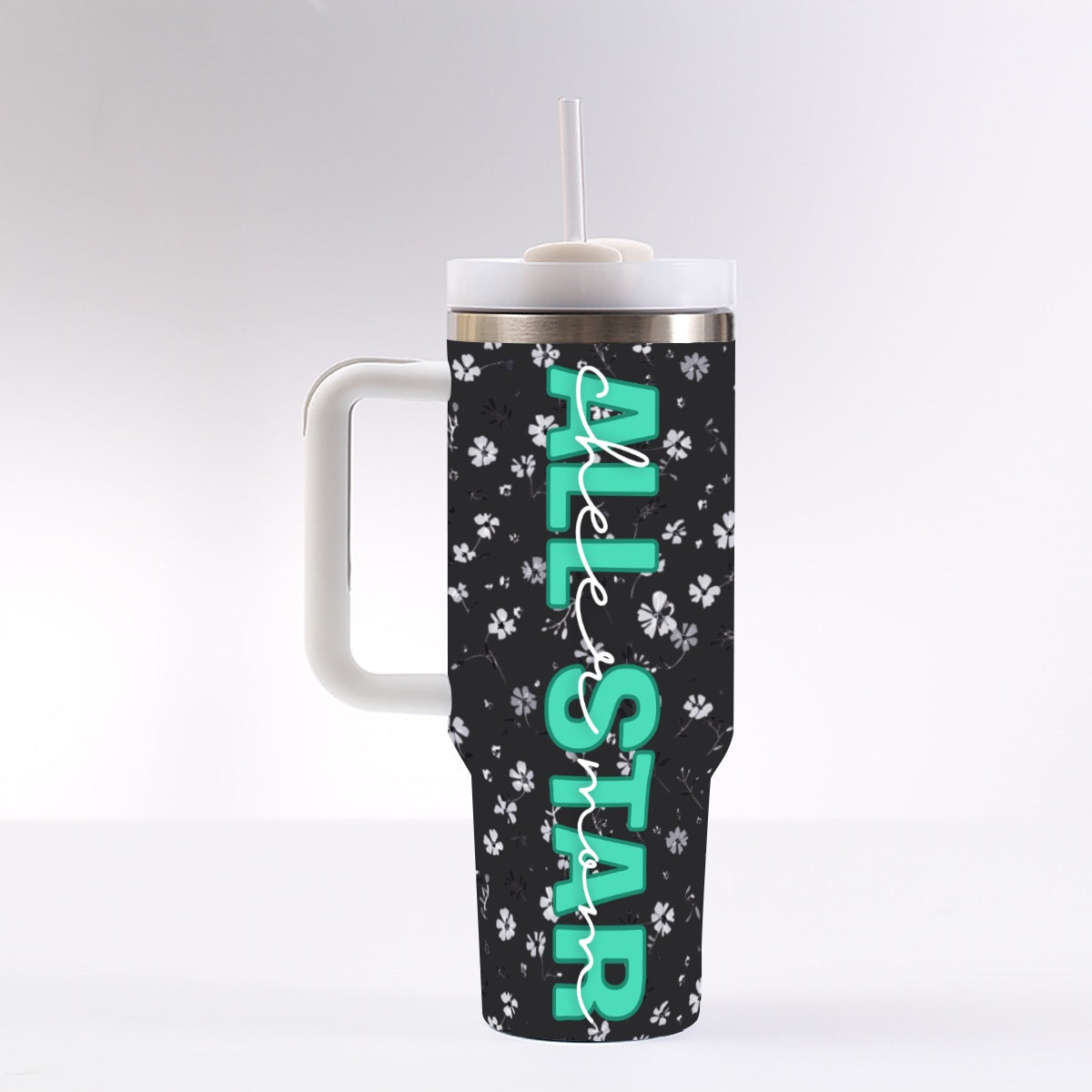 All Star Cheer Mom Black &amp; White Floral Tumbler Turquoise Print