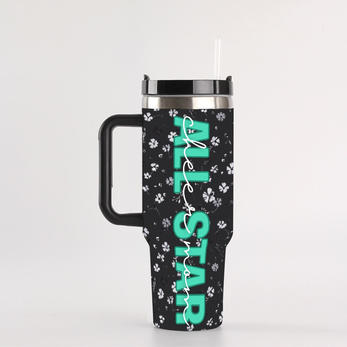 All Star Cheer Mom Black &amp; White Floral Tumbler Turquoise Print