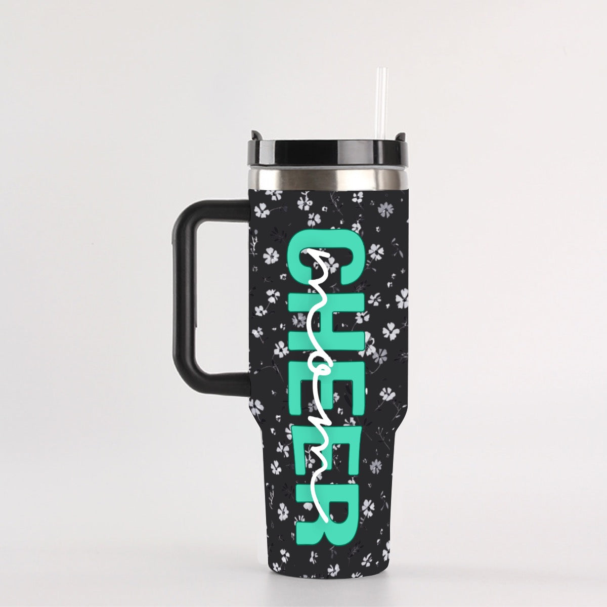 Cheer Mom Black &amp; White Floral 40 oz Tumbler with Turquoise Print