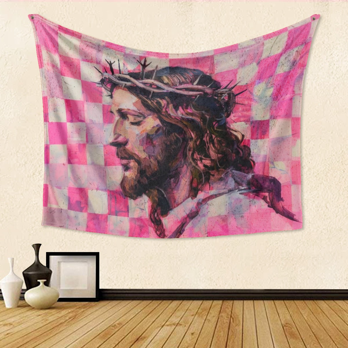 Jesus Pink Checkered Single-Side Print Tapestry
