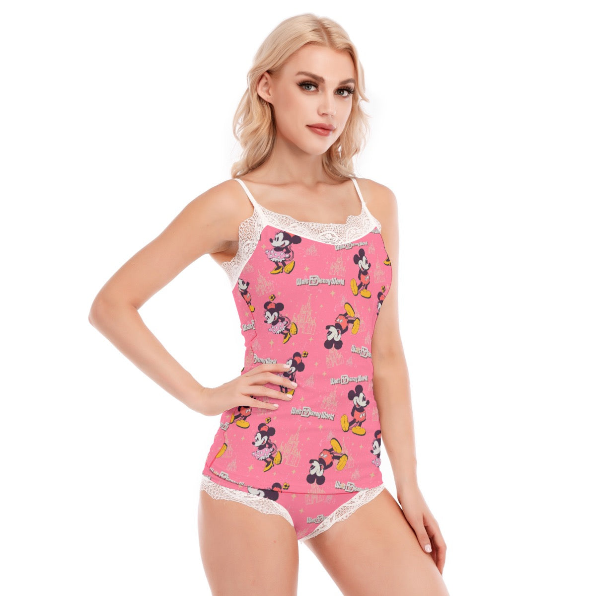 Pink Mouse exclusive design Microfiber Poly-Spandex Women’s Matching Lace Trimmed Cami & Shorts Pajama Set