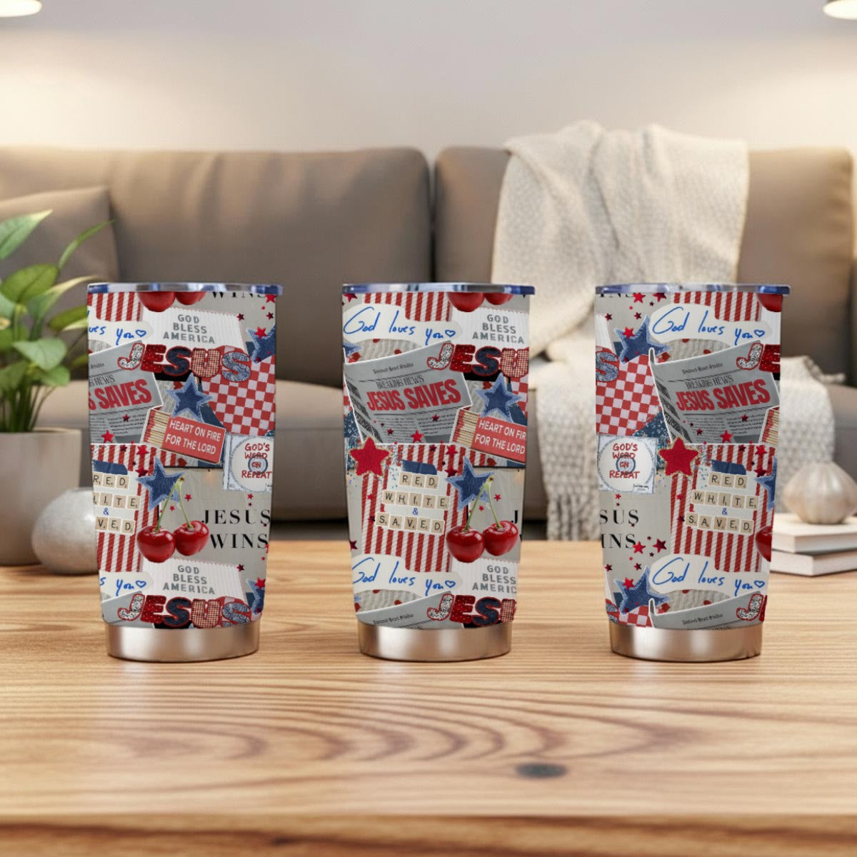 Red, White, & Saved Tumbler 20 oz. Americana Faith Collage Design