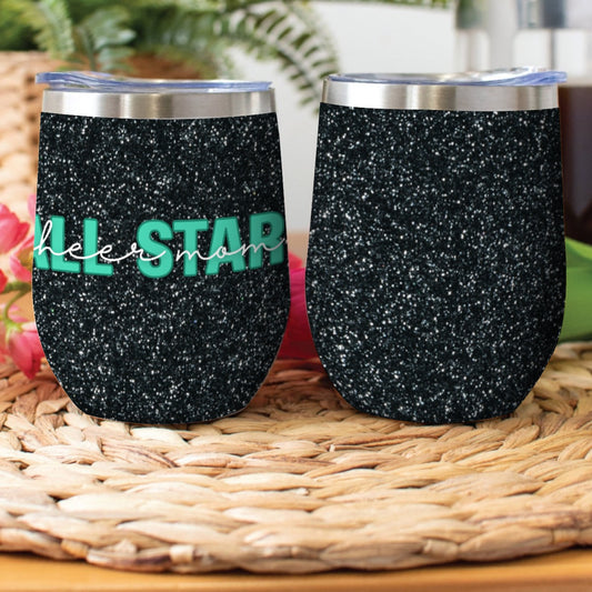 All Star Cheer Mom Black Glitter with Turquoise Print ~ SweetPea & Sage Collective Exclusive Design ~ Stainless Steel Wine Tumbler