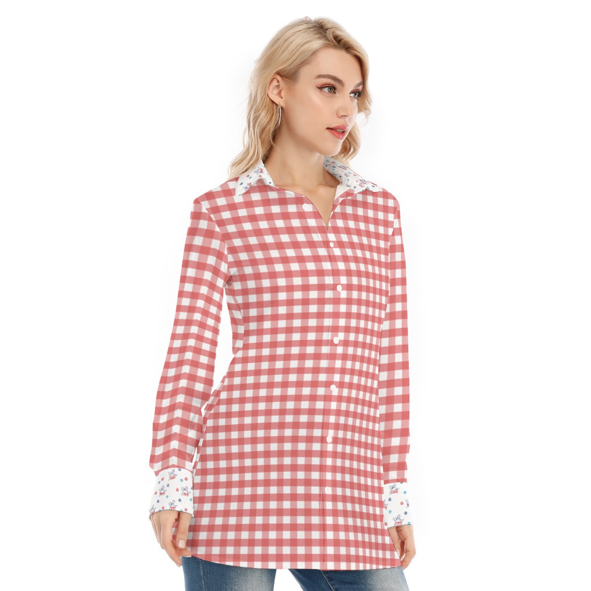 Red & White Gingham with Floral & Cherry Details Women’s Exclusive Design Long Button Up Shirt