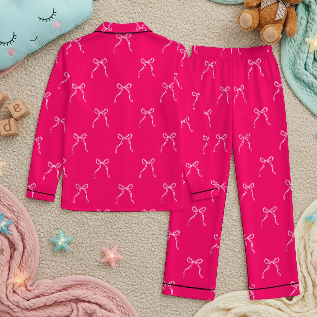Pink Bows~ SweetPea & Sage Exclusive ~Children's Satin Pajama Set With Long Sleeve