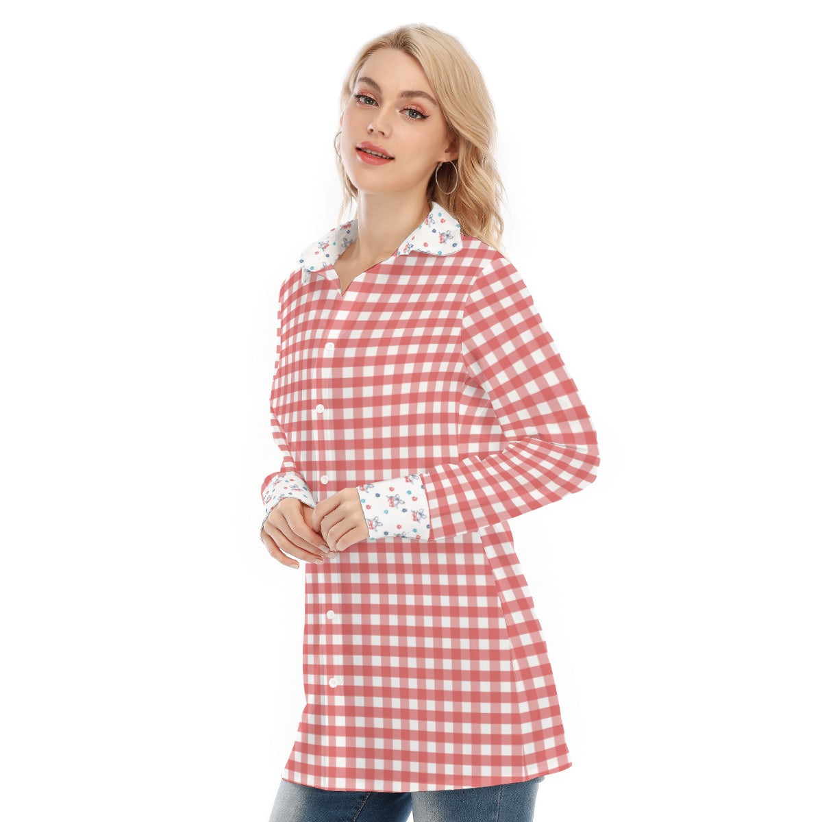 Red & White Gingham with Floral & Cherry Details Women’s Exclusive Design Long Button Up Shirt