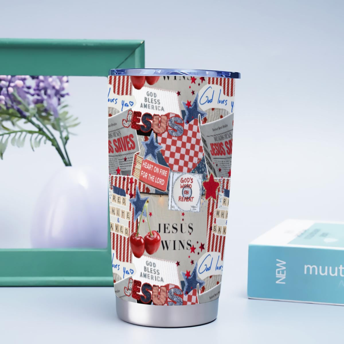 Red, White, & Saved Tumbler 20 oz. Americana Faith Collage Design