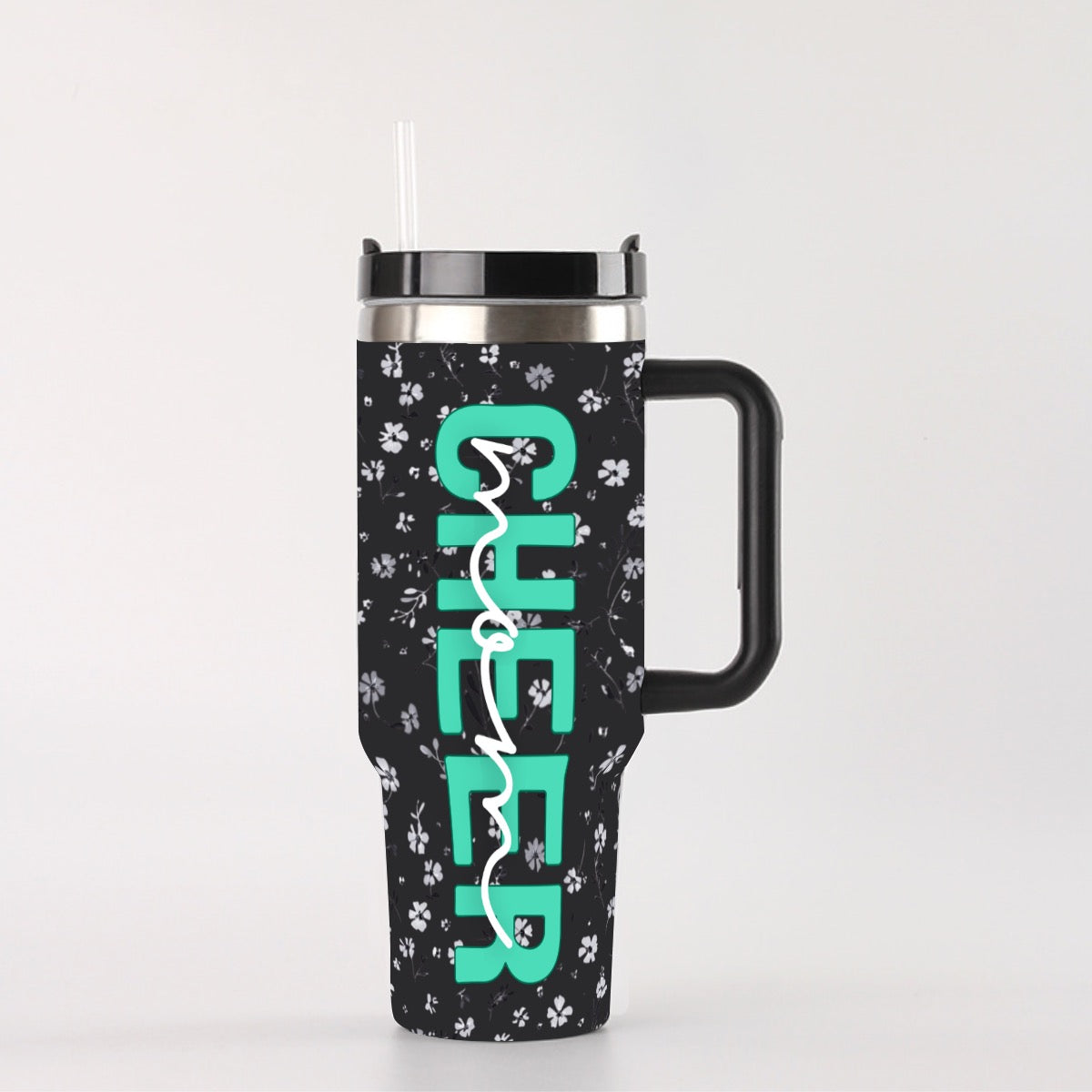 Cheer Mom Black &amp; White Floral 40 oz Tumbler with Turquoise Print