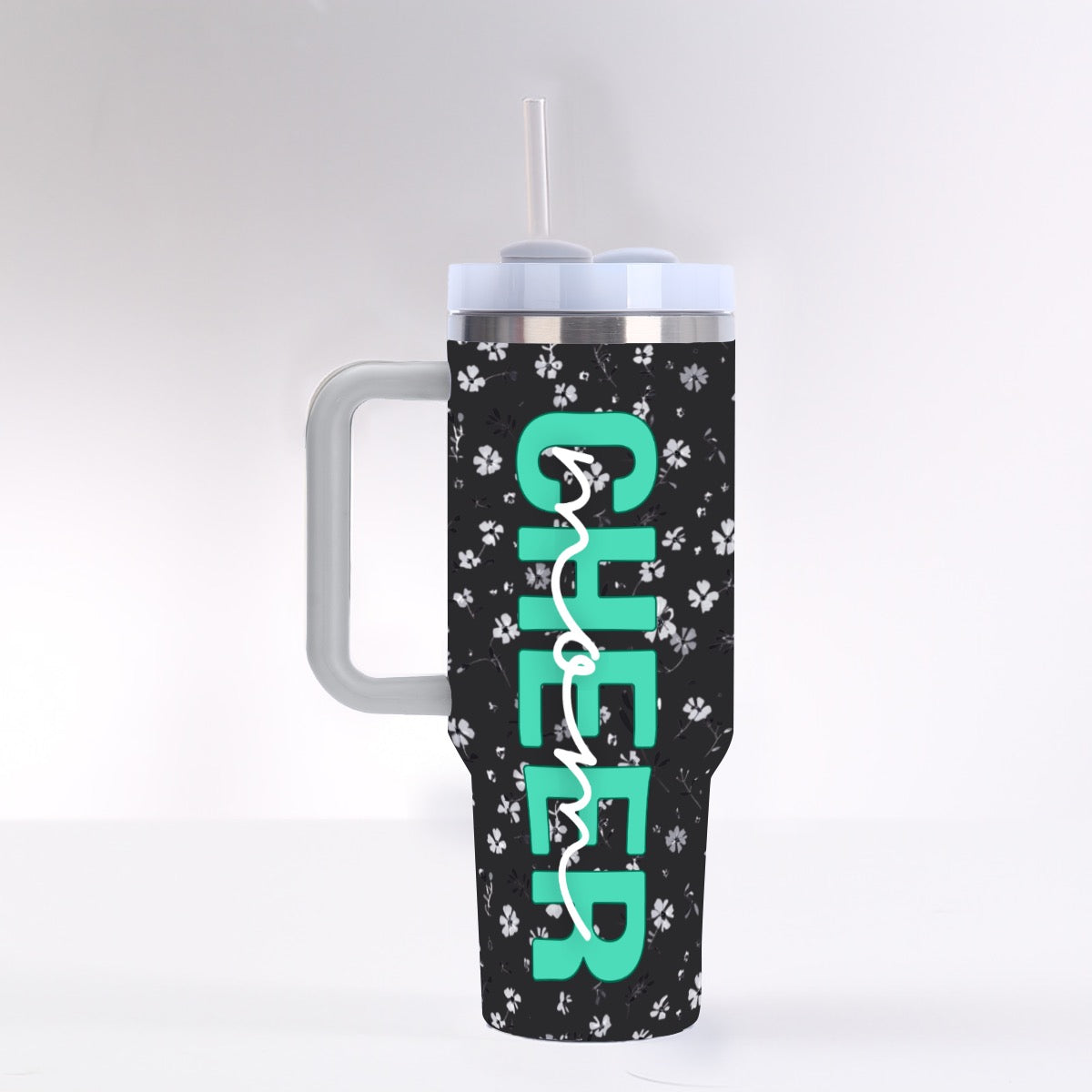 Cheer Mom Black &amp; White Floral 40 oz Tumbler with Turquoise Print