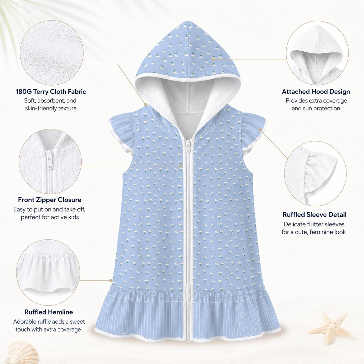 blue ruffled patchwork swim coverup with hood for girls coordinating bathing suit available