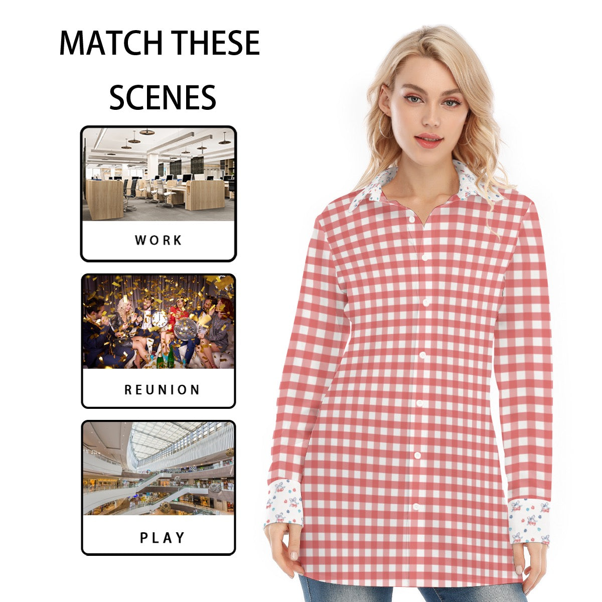 Red & White Gingham with Floral & Cherry Details Women’s Exclusive Design Long Button Up Shirt