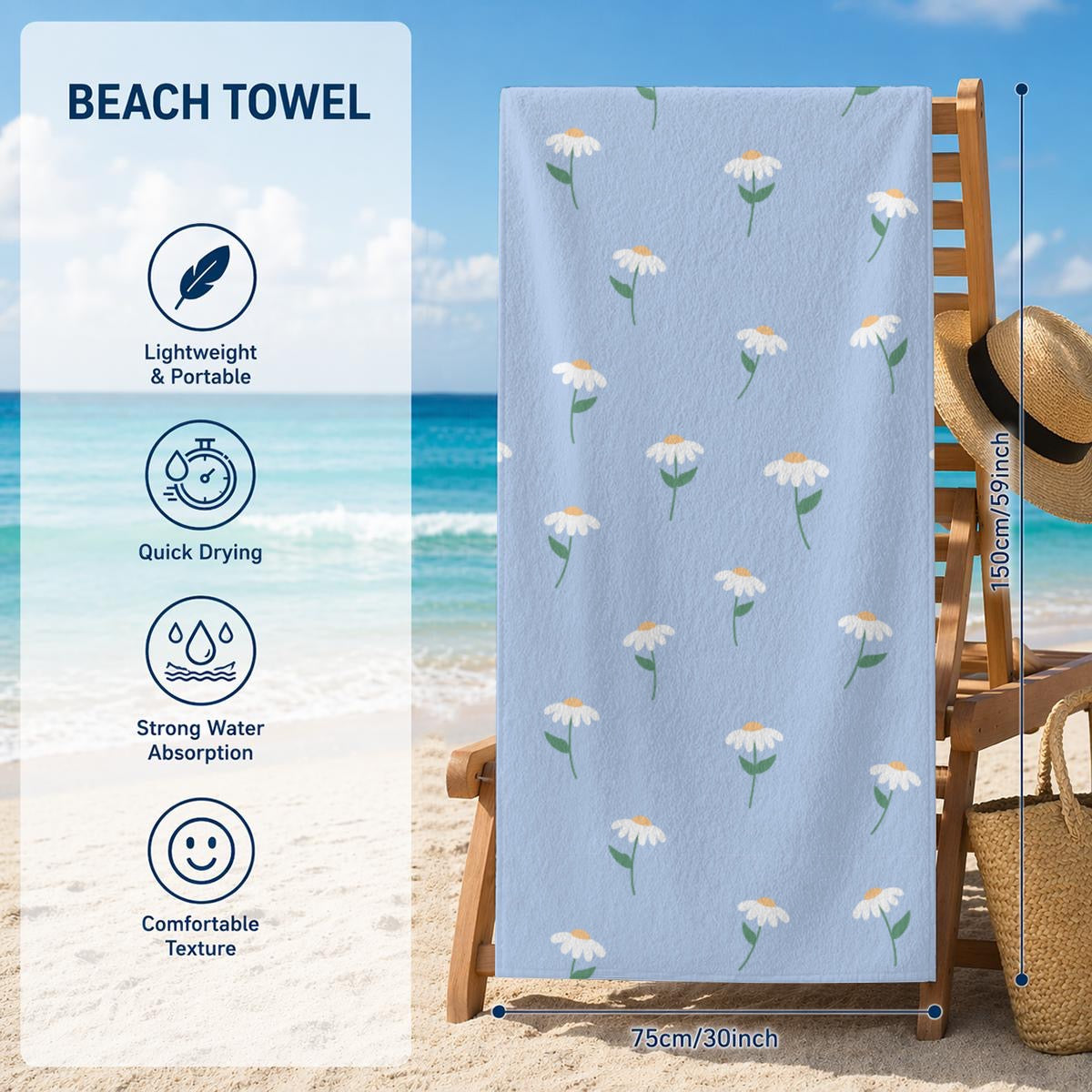 Blue Floral Beach Towel 29.5” x 59.1”