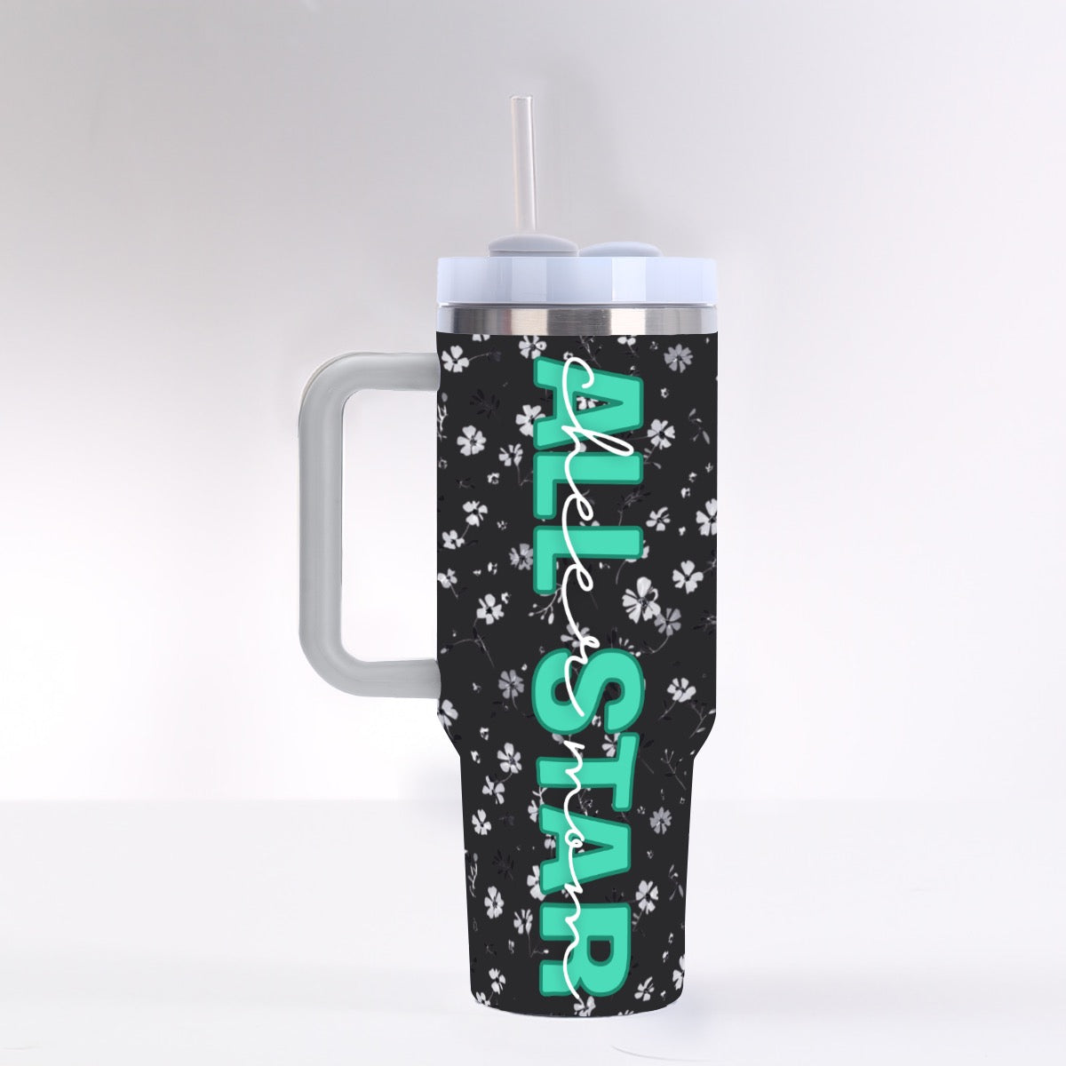 All Star Cheer Mom Black &amp; White Floral Tumbler Turquoise Print