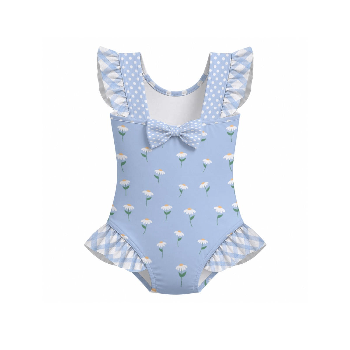 Blue Ruffled Patchwork Girls Swimwear with Bow blue floral blue polka dots blue gingham blue pinstripe coordinating cover up available