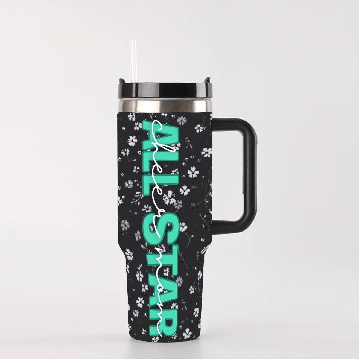 All Star Cheer Mom Black &amp; White Floral Tumbler Turquoise Print