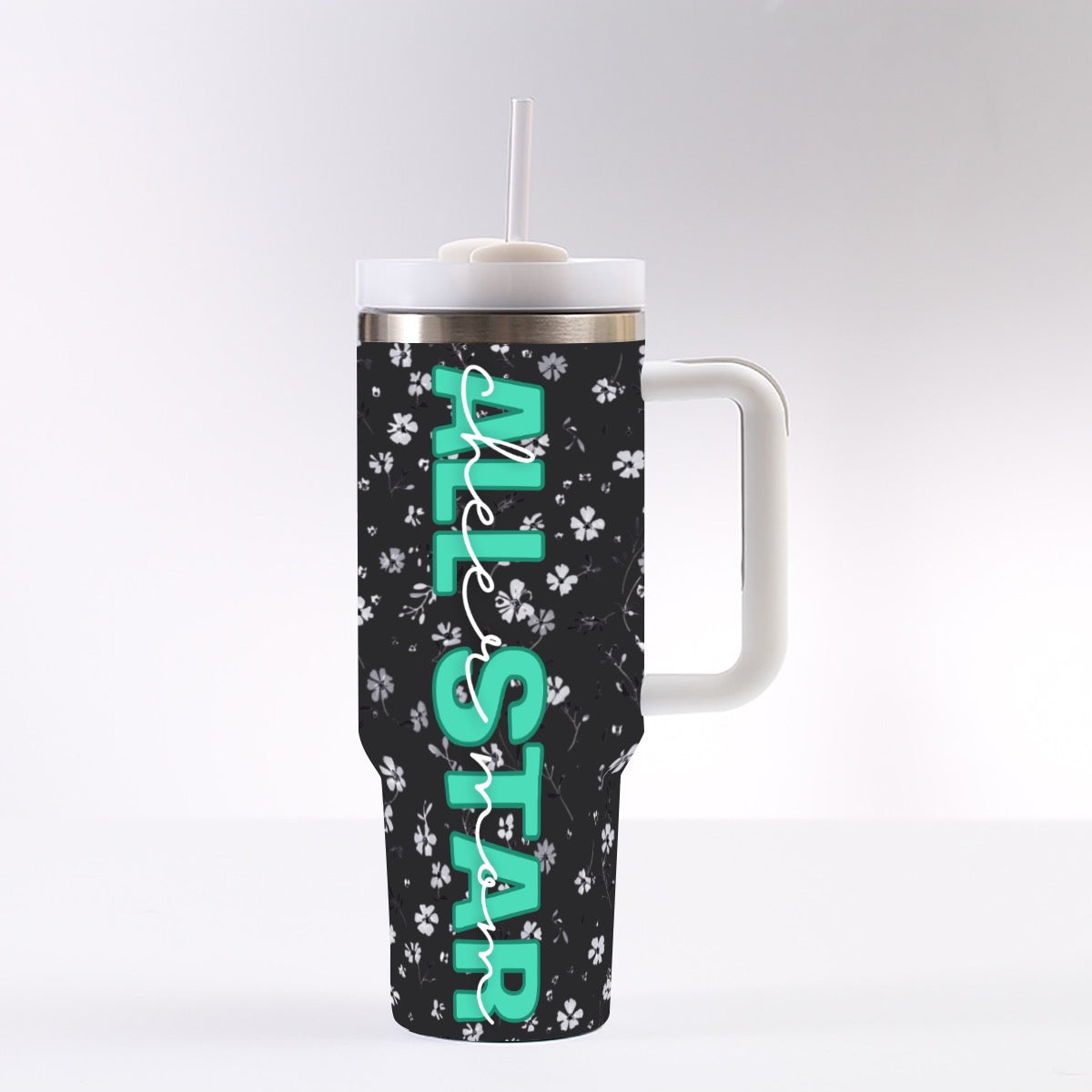 All Star Cheer Mom Black &amp; White Floral Tumbler Turquoise Print